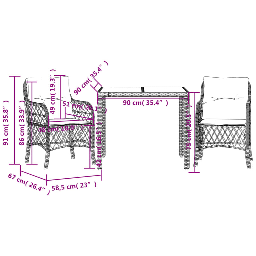 3-Delige Bistroset Met Kussens Poly Rattan 2 90 cm tafellengte Zwart