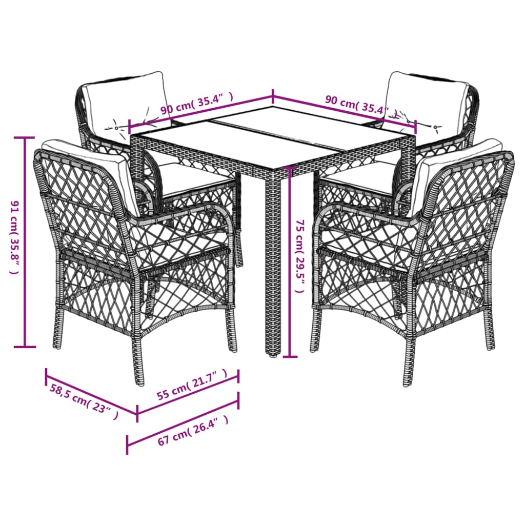 5-Delige Tuinset Met Kussens Poly Rattan 4 90 cm tafellengte Zwart