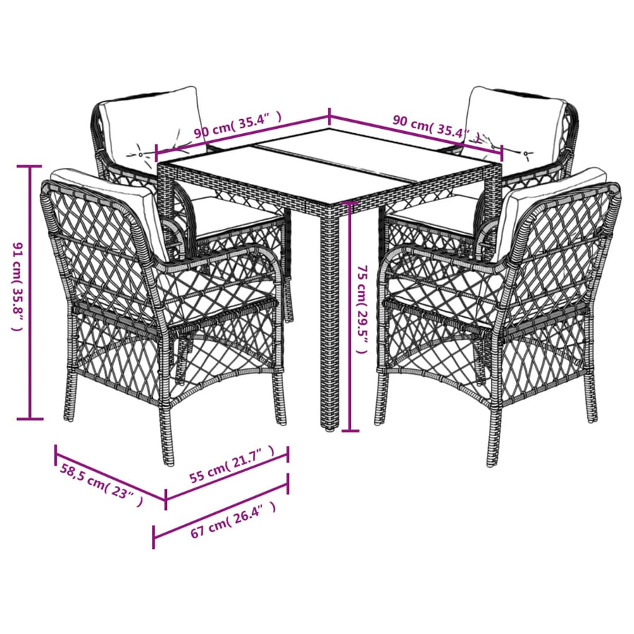 5-Delige Tuinset Met Kussens Poly Rattan 4 90 cm tafellengte Zwart