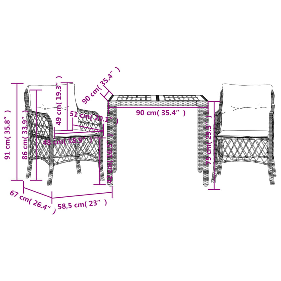 3-Delige Bistroset Met Kussens Poly Rattan Zwart