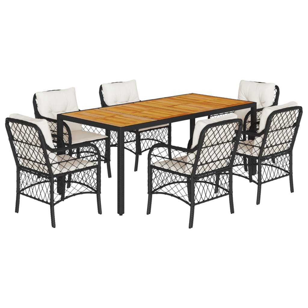 7-Delige Tuinset Met Kussens Poly Rattan 6 190 cm tafellengte Zwart en crème