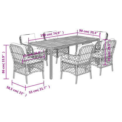 7-Delige Tuinset Met Kussens Poly Rattan 6 190 cm tafellengte Zwart en crème