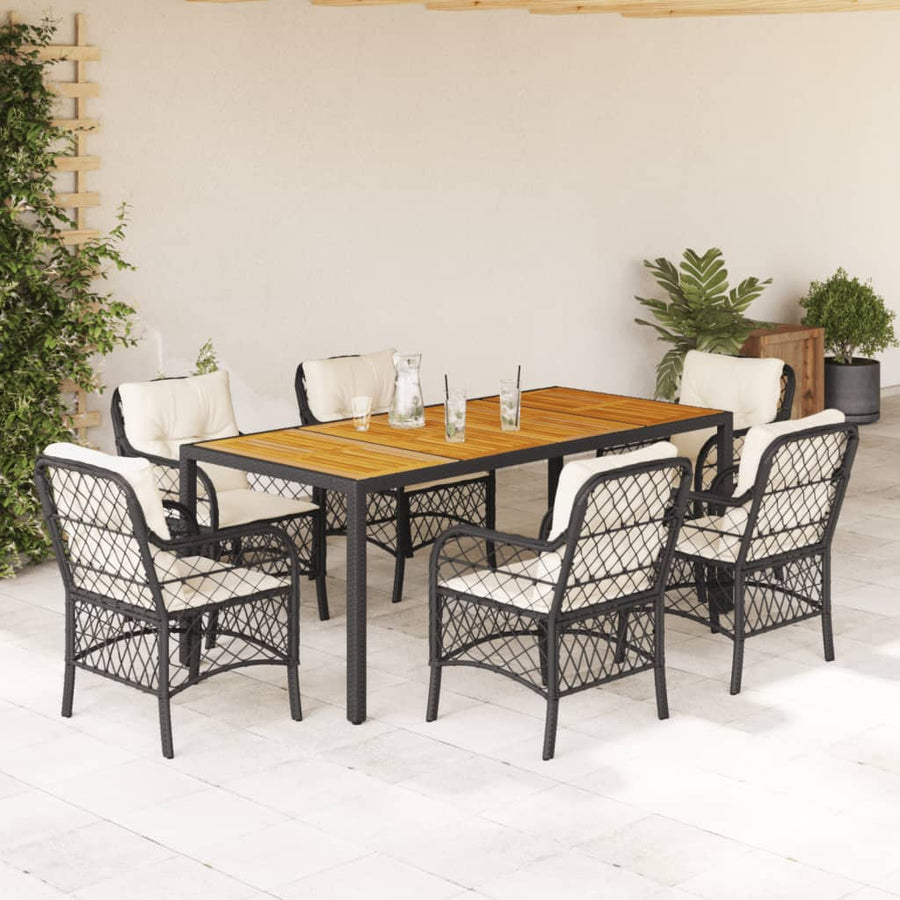 7-Delige Tuinset Met Kussens Poly Rattan 6 190 cm tafellengte Zwart en crème