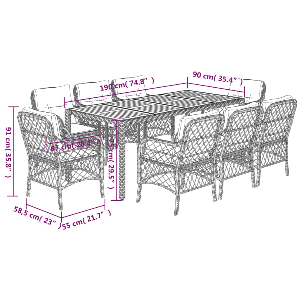9-Delige Tuinset Poly Rattan 8 190 cm tafellengte Zwart en crème