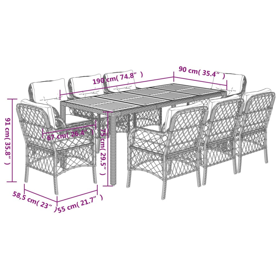 9-Delige Tuinset Poly Rattan 8 190 cm tafellengte Zwart en crème