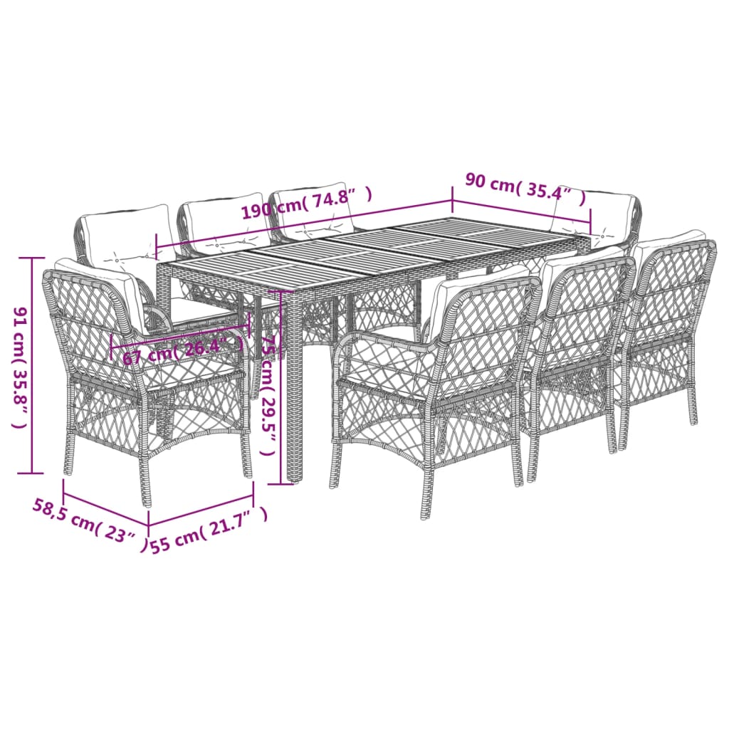 9-Delige Tuinset Poly Rattan 8 190 cm tafellengte Zwart