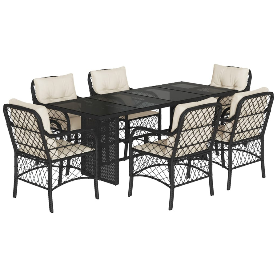 Tuinset met kussens poly rattan 7 Zwart en crème Glas
