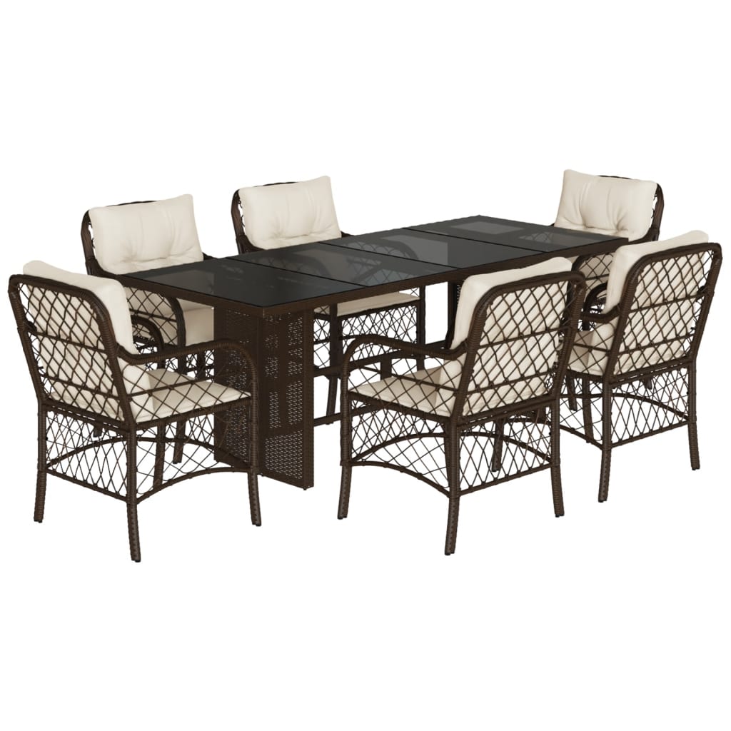 Tuinset met kussens poly rattan 7 Bruin en crème Glas