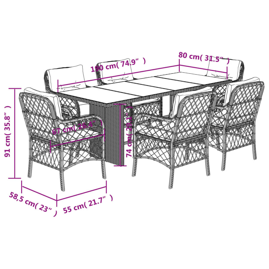 Tuinset met kussens poly rattan 7 Bruin en crème Glas