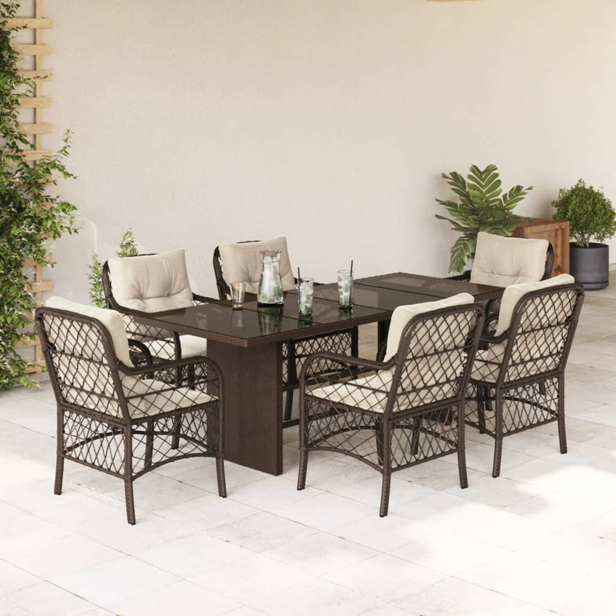 Tuinset met kussens poly rattan 7 Bruin en crème Glas