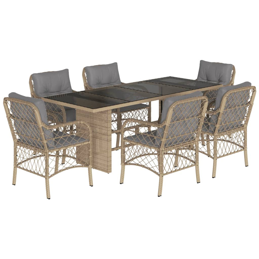 Tuinset met kussens poly rattan 7 Gemengd beige Glas