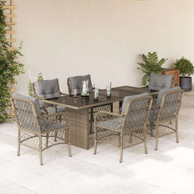 Tuinset met kussens poly rattan 7 Gemengd beige Glas