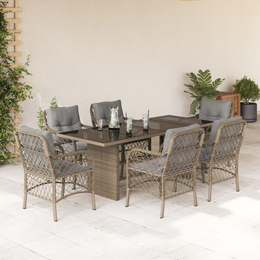 Tuinset met kussens poly rattan 7 Gemengd beige Glas