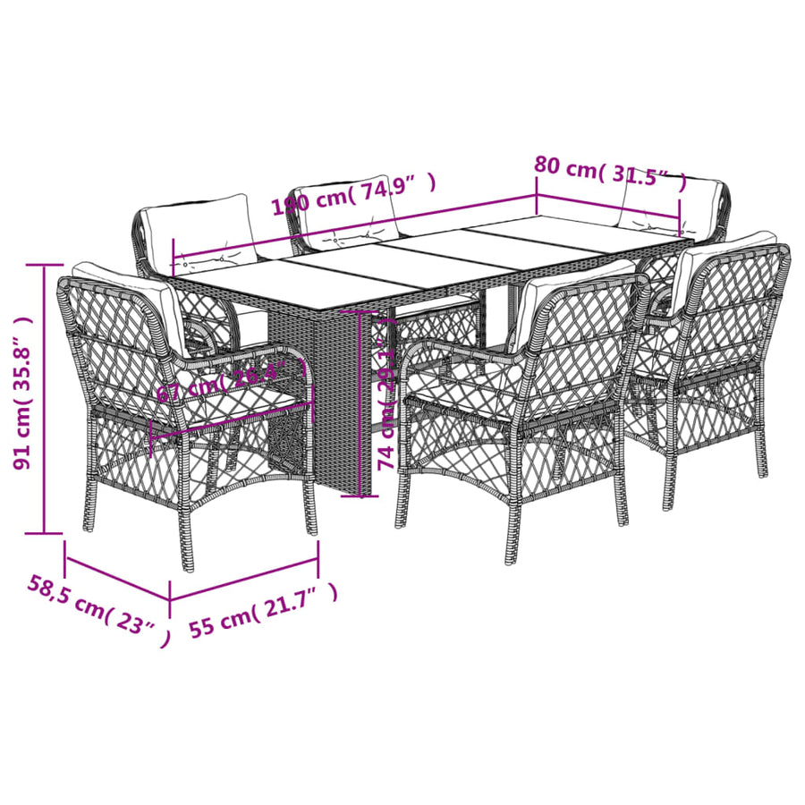 Tuinset met kussens poly rattan grijs 7 Lichtgrijs Glas
