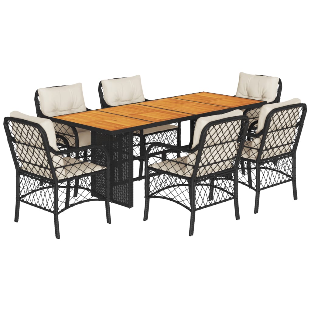 Tuinset met kussens poly rattan 7 Zwart en crème Hout