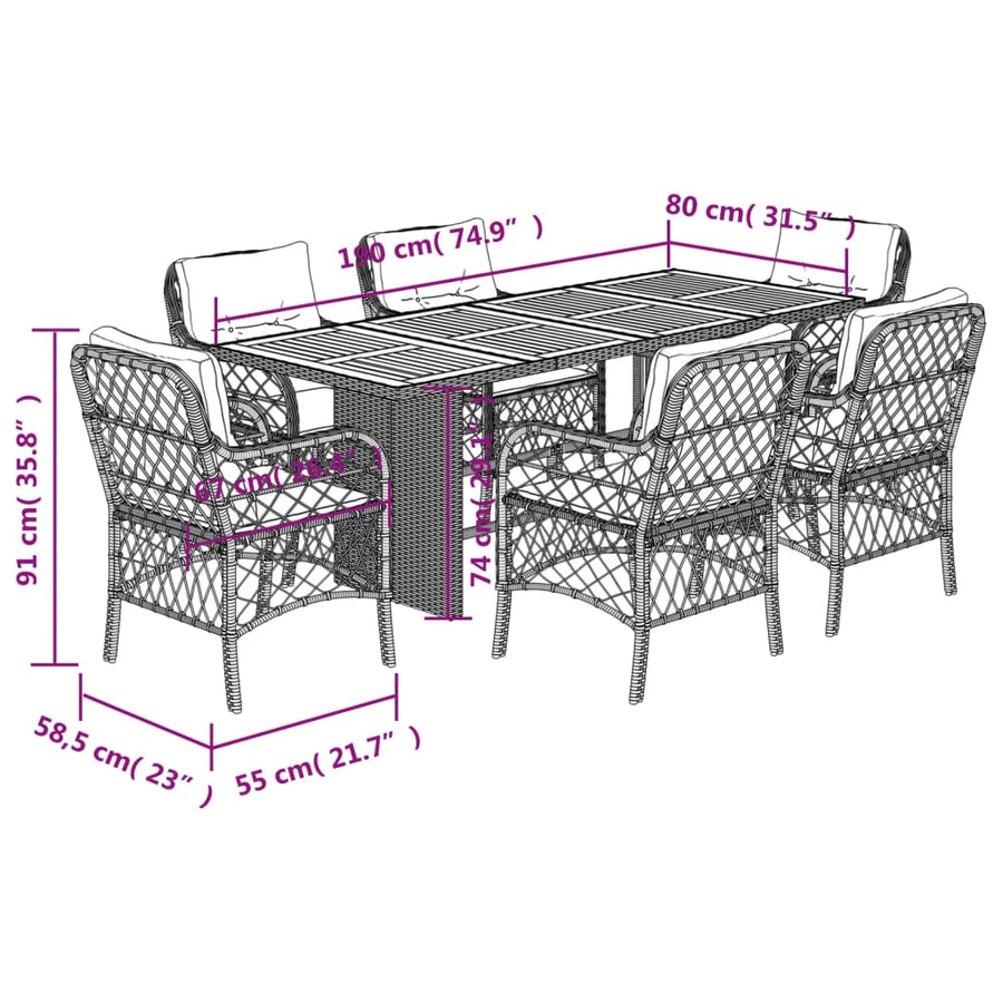7-Delige Tuinset Met Kussens Poly Rattan 6 beige en crèmekleurig Hout