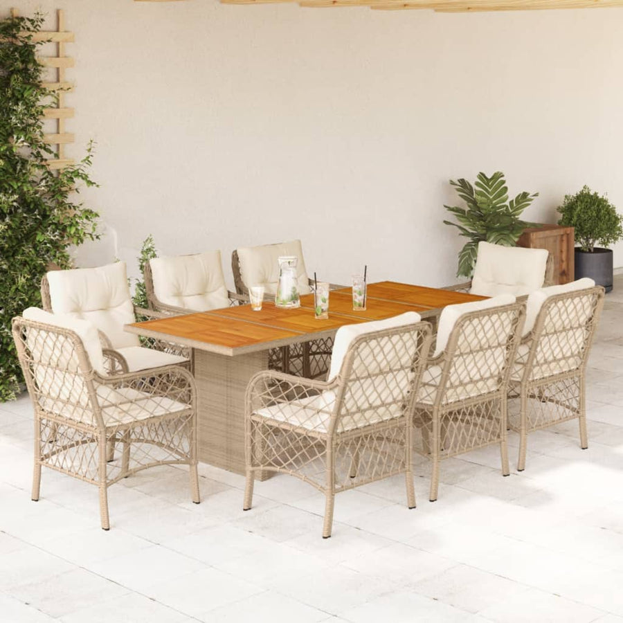 9-Delige Tuinset Met Kussens Poly Rattan 8 beige en crèmekleurig Hout