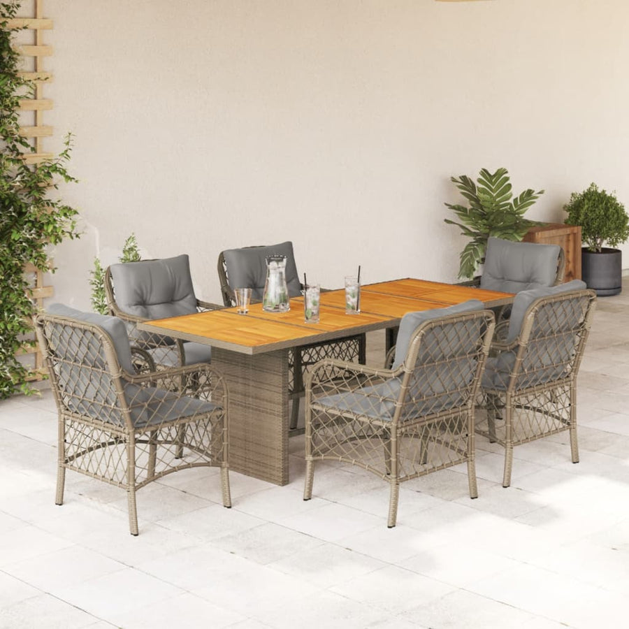 7-Delige Tuinset Met Kussens Poly Rattan 6 Gemengd beige Hout