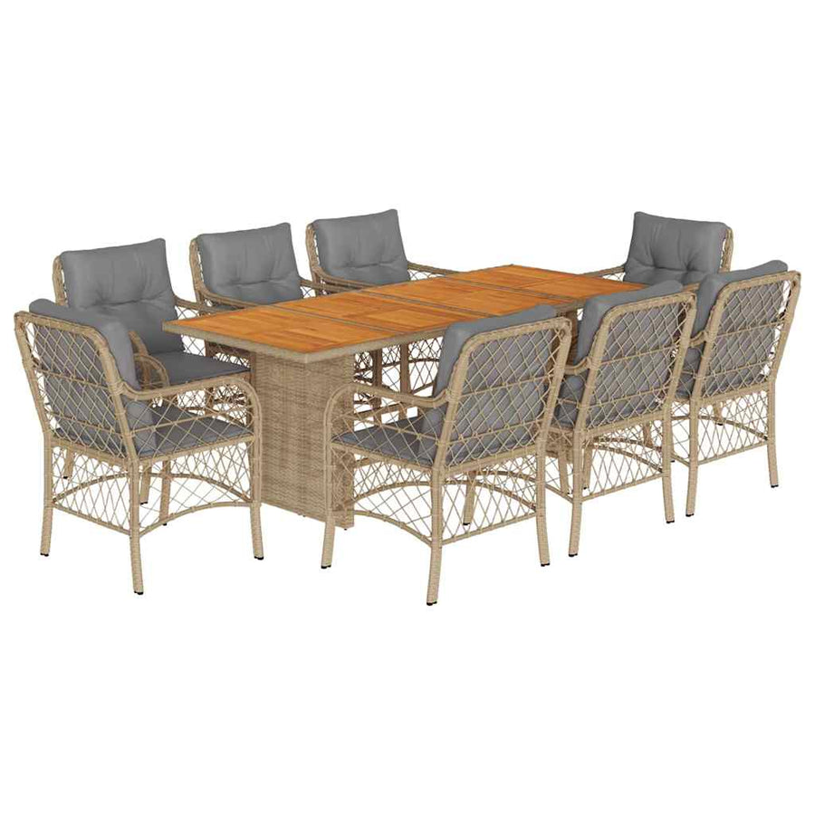 9-Delige Tuinset Met Kussens Poly Rattan 8 Gemengd beige Hout