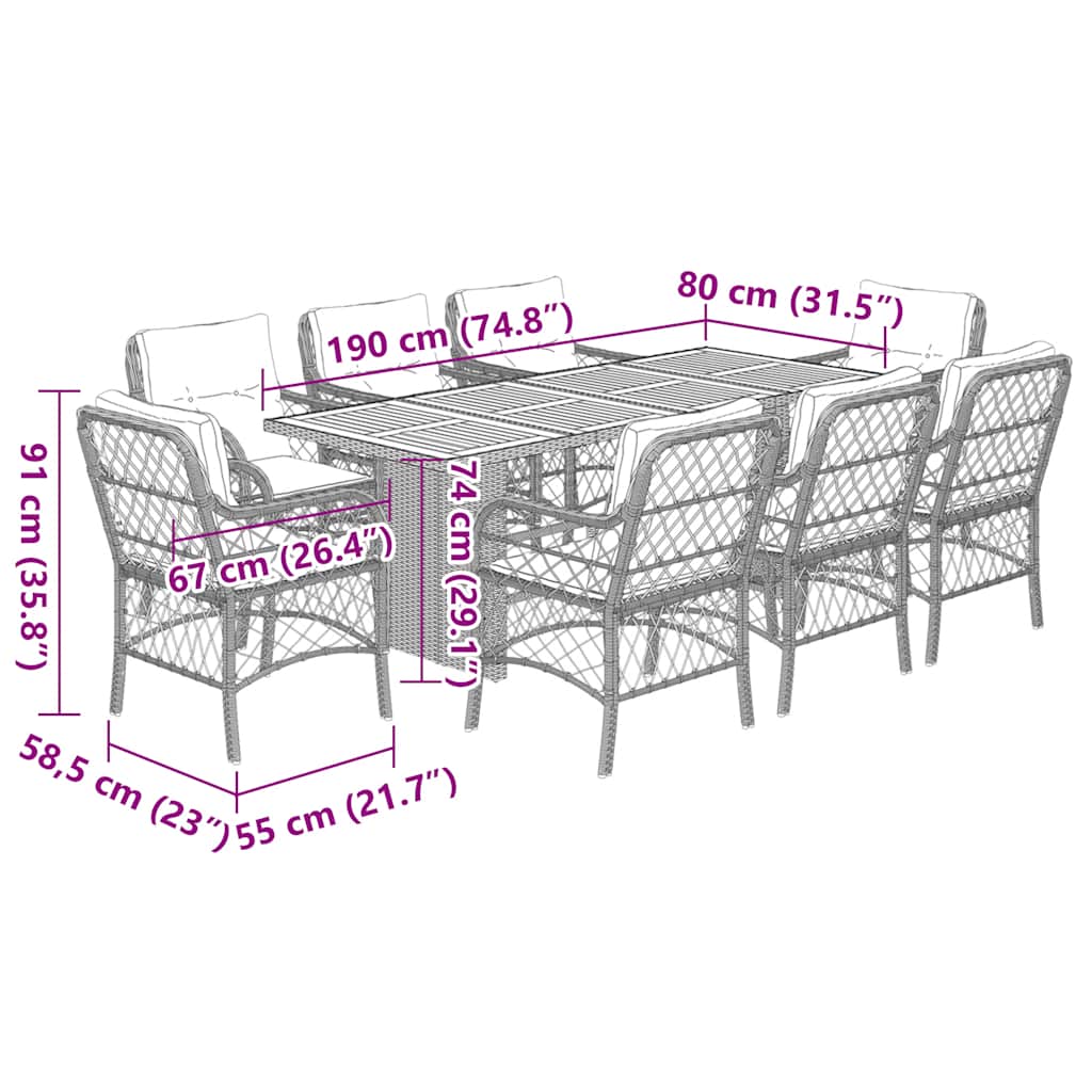 9-Delige Tuinset Met Kussens Poly Rattan 8 Gemengd beige Hout