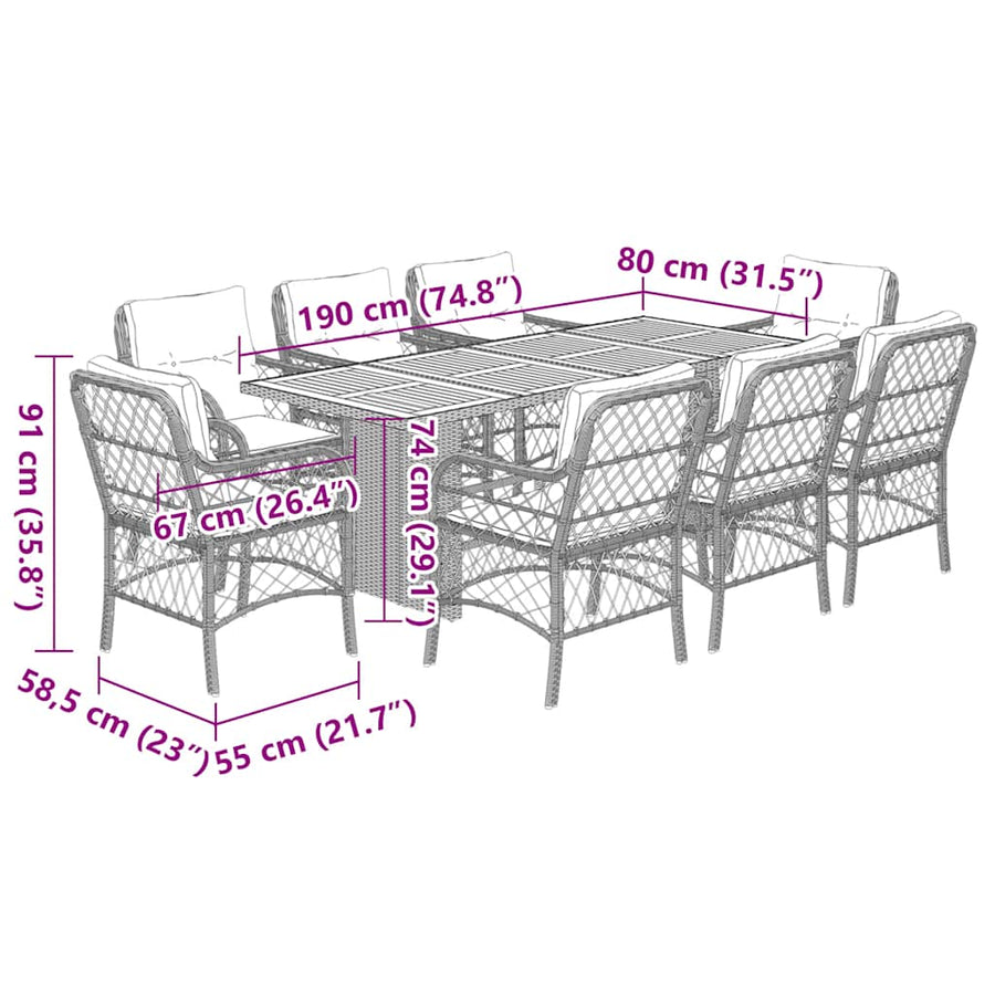 9-Delige Tuinset Met Kussens Poly Rattan 8 Gemengd beige Hout