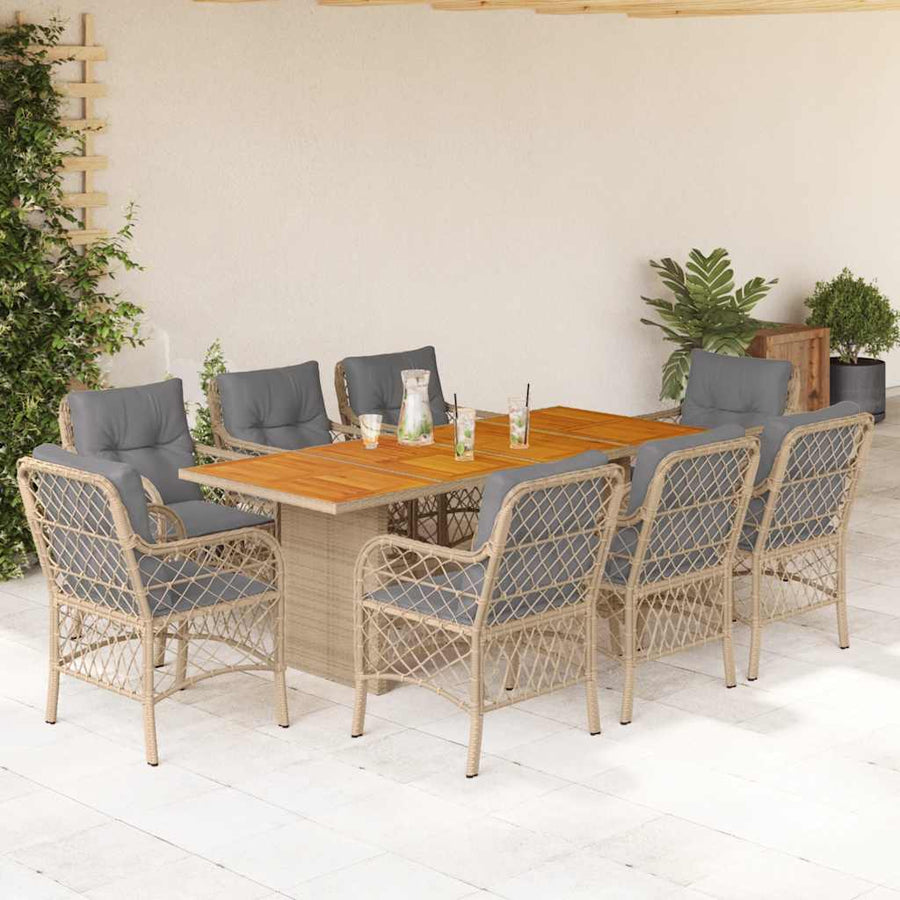 9-Delige Tuinset Met Kussens Poly Rattan 8 Gemengd beige Hout