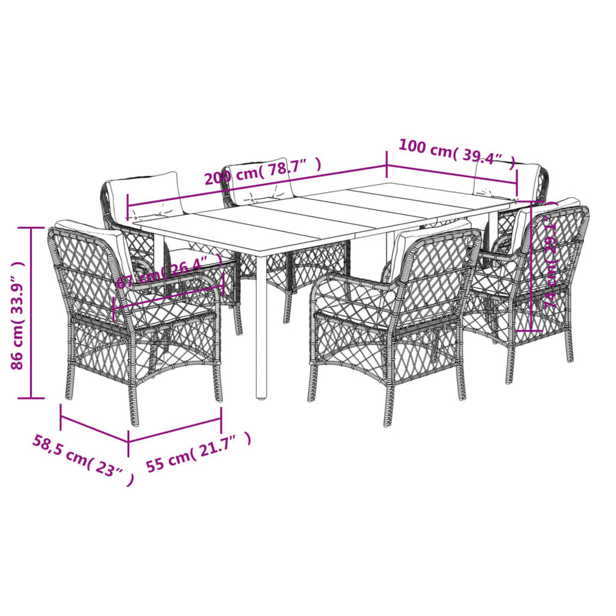 7-Delige Tuinset Met Kussens Poly Rattan Zwart 6 200 cm tafellengte