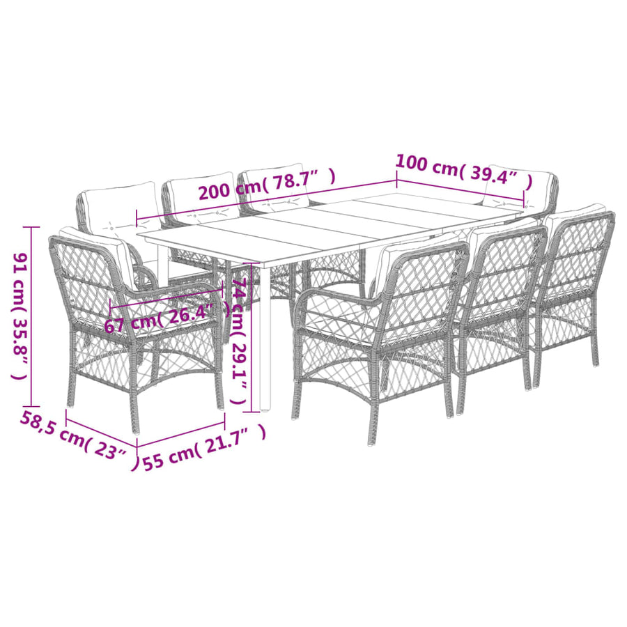 9-Delige Tuinset Poly Rattan Zwart 8 200 cm tafellengte