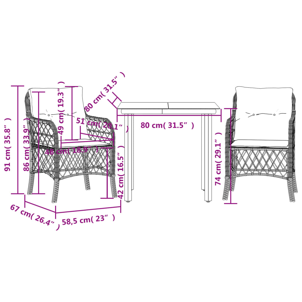 3-Delige Bistroset Met Kussens Poly Rattan Bruin
