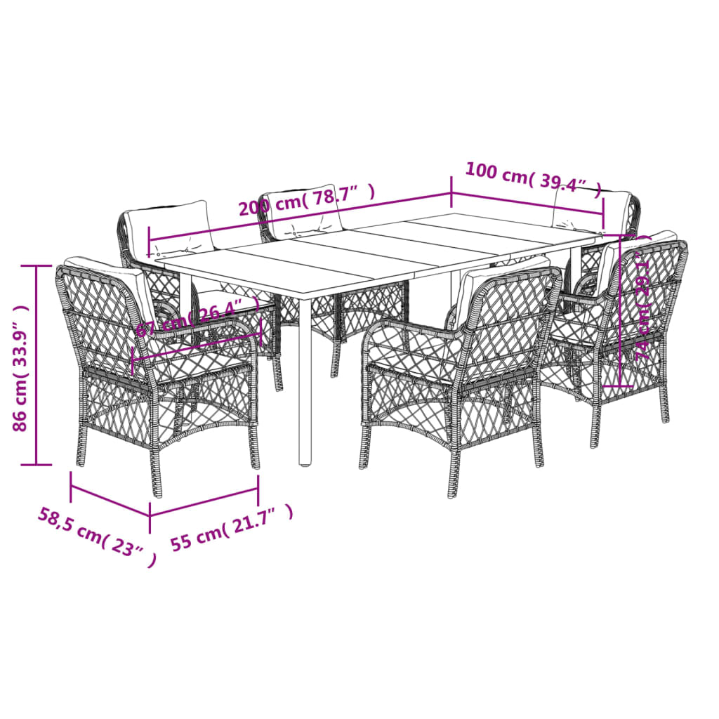 7-Delige Tuinset Met Kussens Poly Rattan Bruin 6 200 cm tafellengte