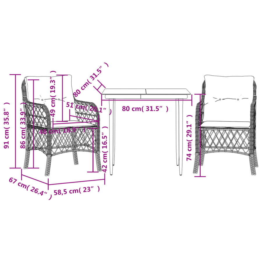 3-Delige Bistroset Met Kussens Poly Rattan Grijs