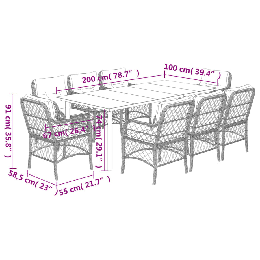 9-Delige Tuinset Met Kussens Poly Rattan Grijs 8 200 cm tafellengte