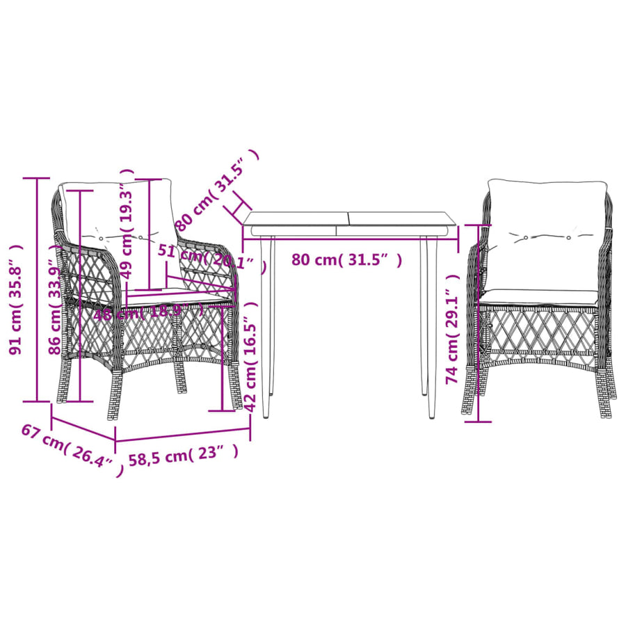 3-Delige Bistroset Met Kussens Poly Rattan Gemengd Beige