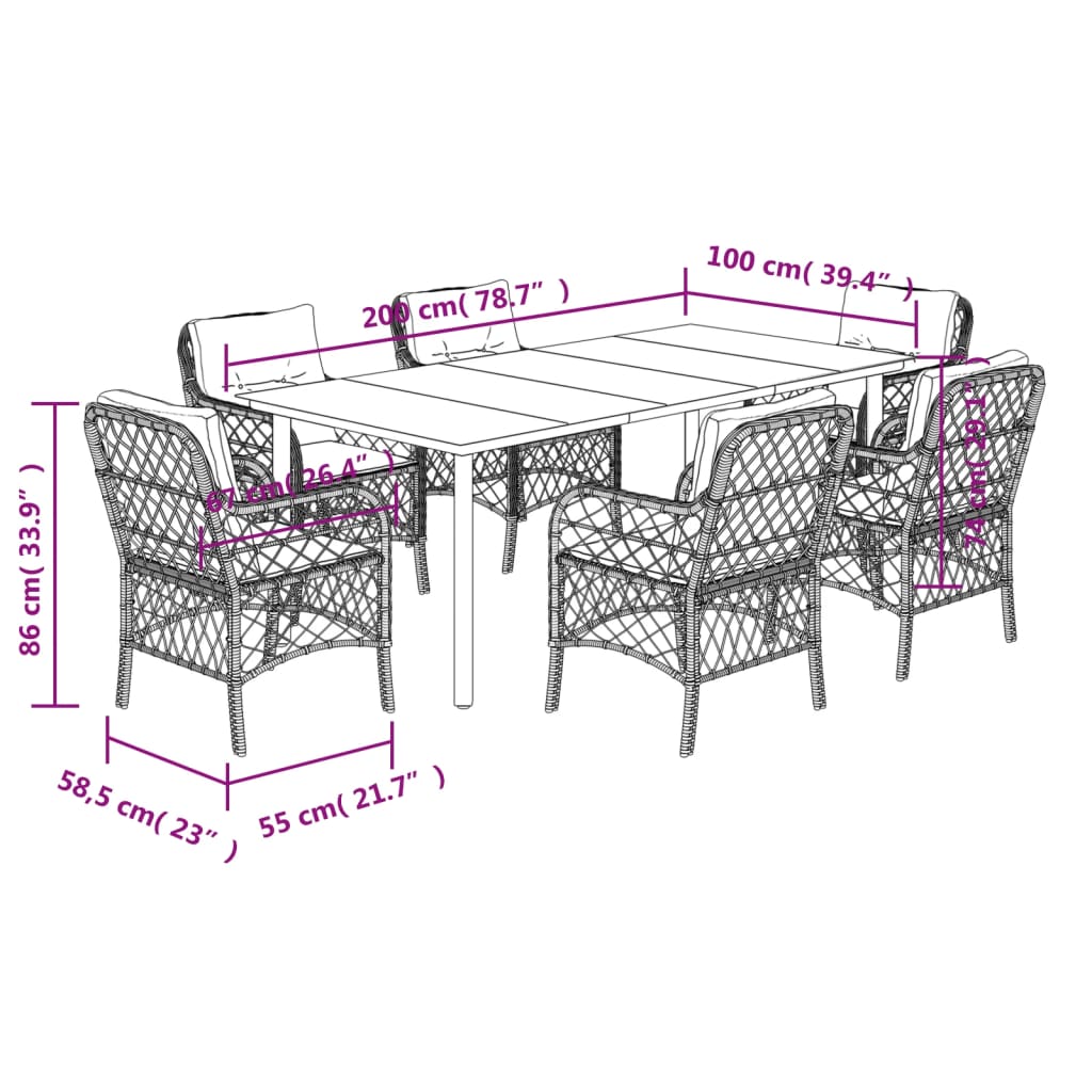 7-Delige Tuinset Met Kussens Poly Rattan Gemengd Beige 6 200 cm tafellengte