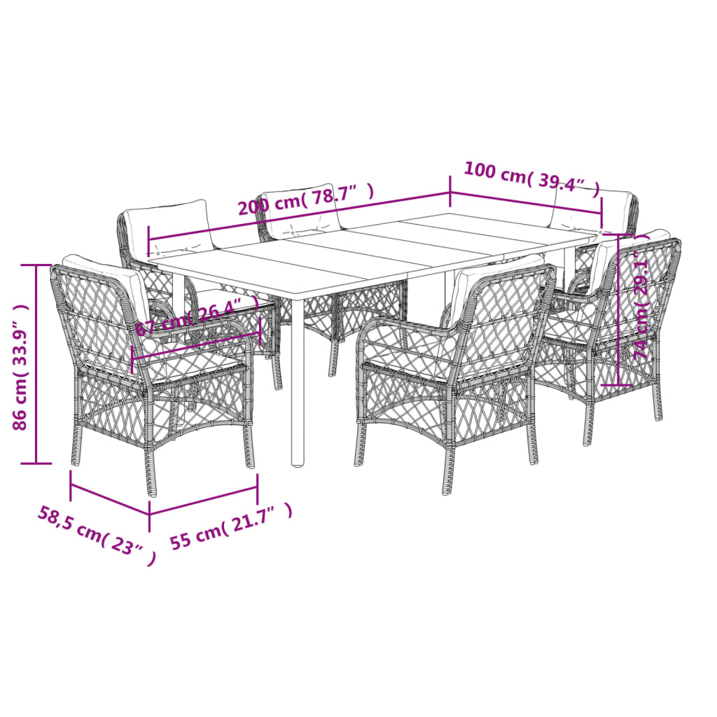 7-Delige Tuinset Met Kussens Poly Rattan Grijs 6 200 cm tafellengte