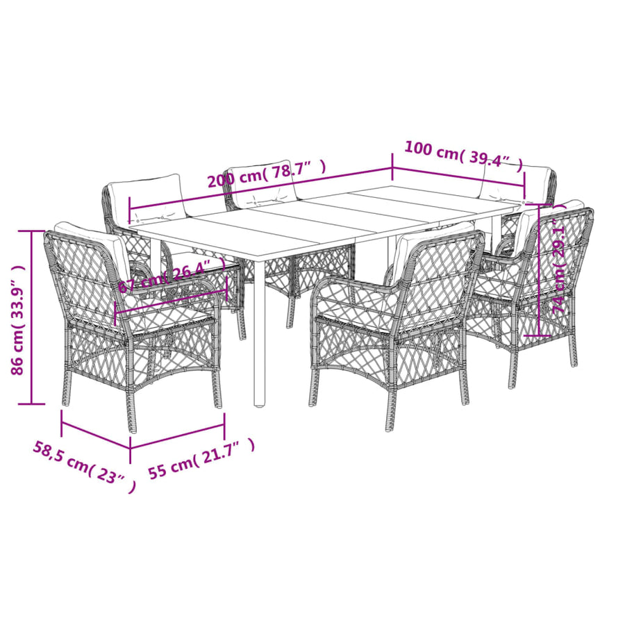 7-Delige Tuinset Met Kussens Poly Rattan Grijs 6 200 cm tafellengte