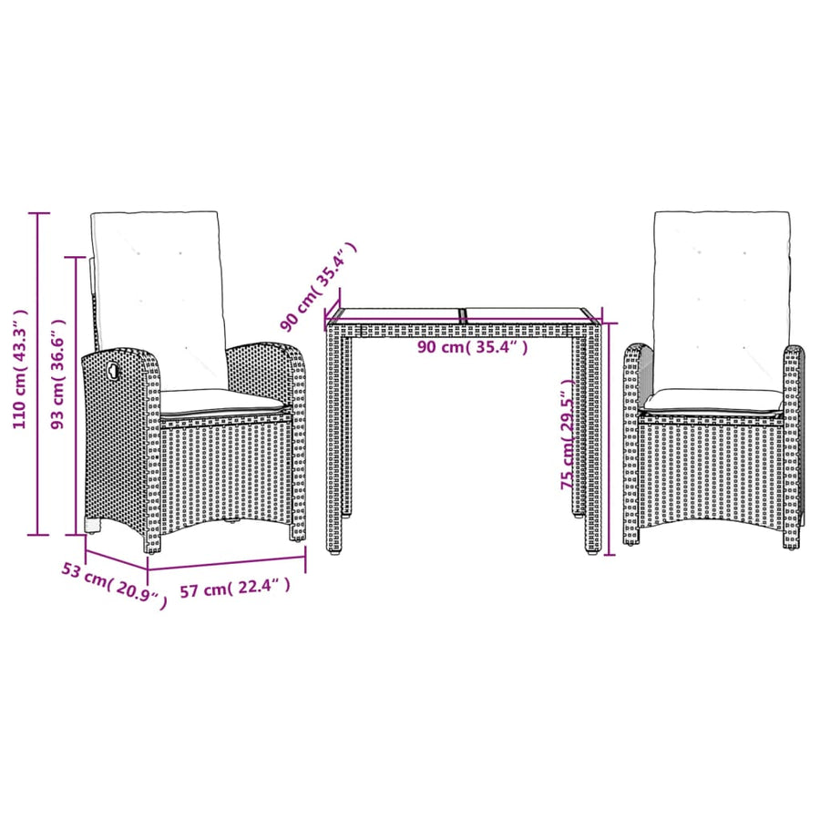 3-Delige Tuinset Met Kussens Poly Rattan Zwart En Crème 2 90 cm tafellengte