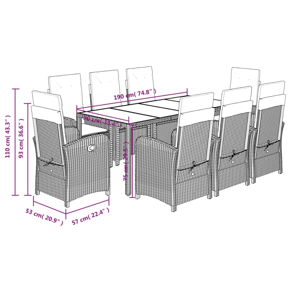 9-Delige Tuinset Poly Rattan Zwart