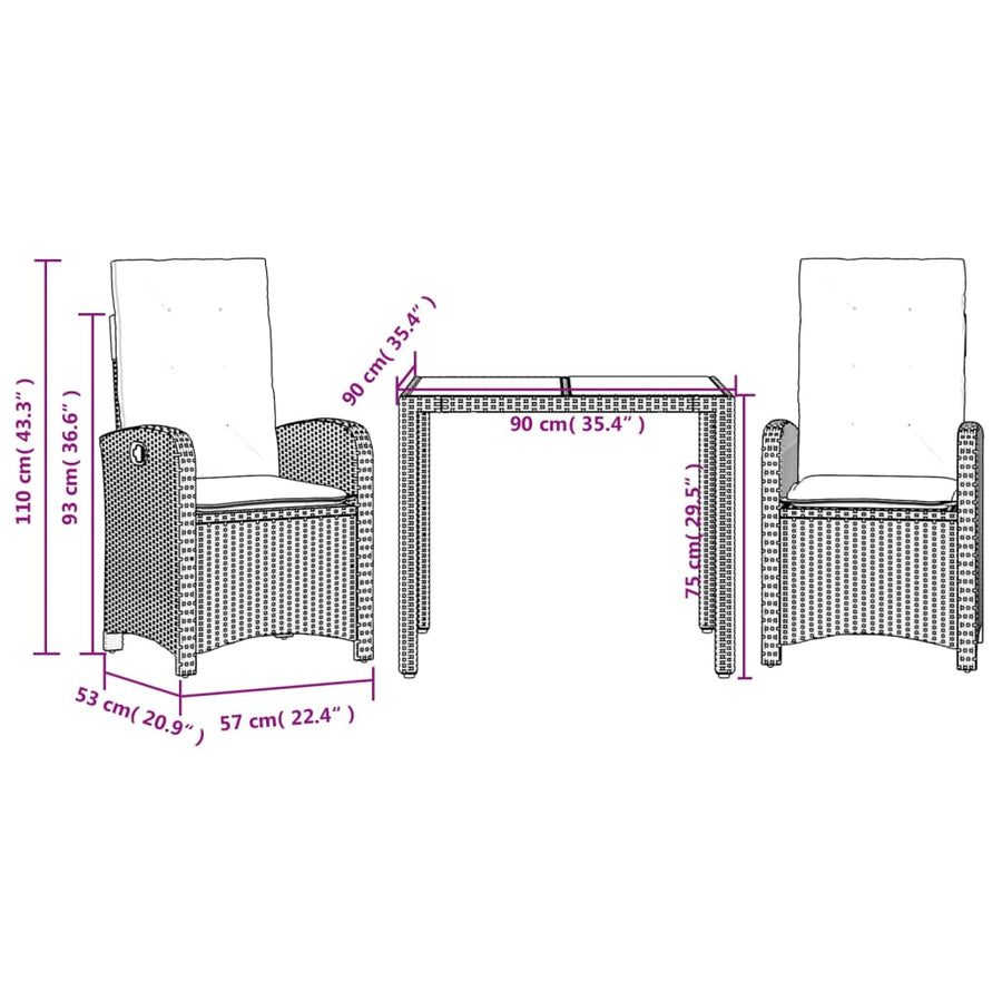 3-Delige Tuinset Met Kussens Poly Rattan Zwart 2 90 cm tafellengte