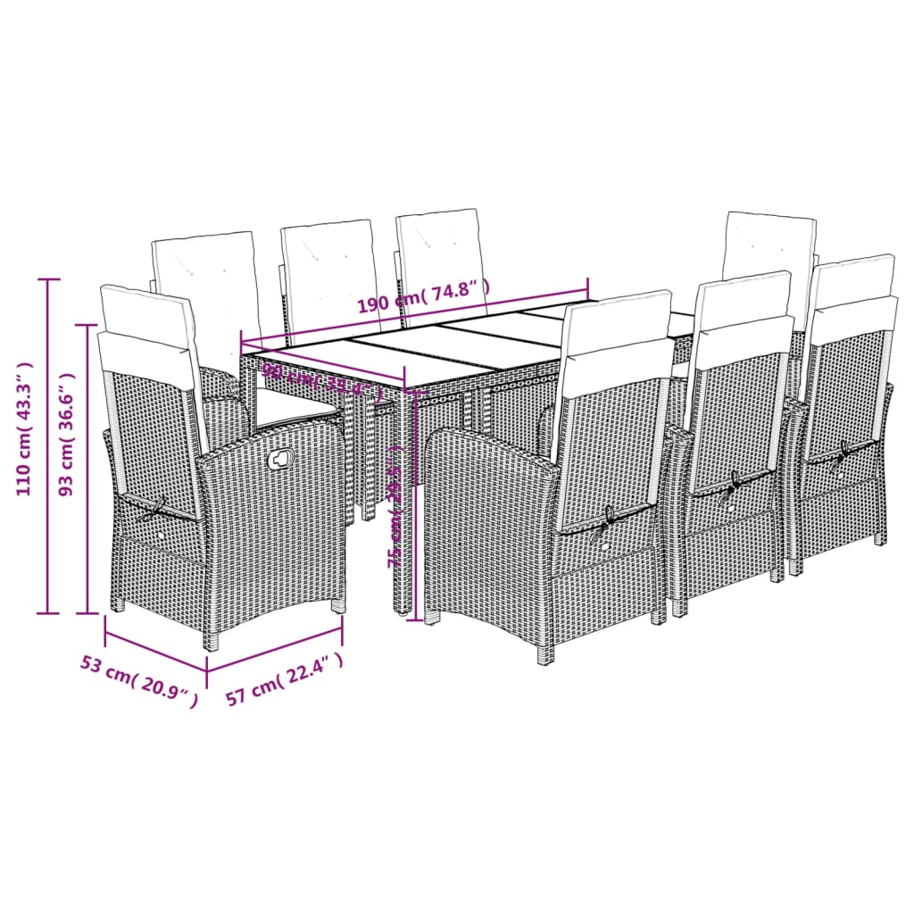 9-Delige Tuinset Poly Rattan Zwart