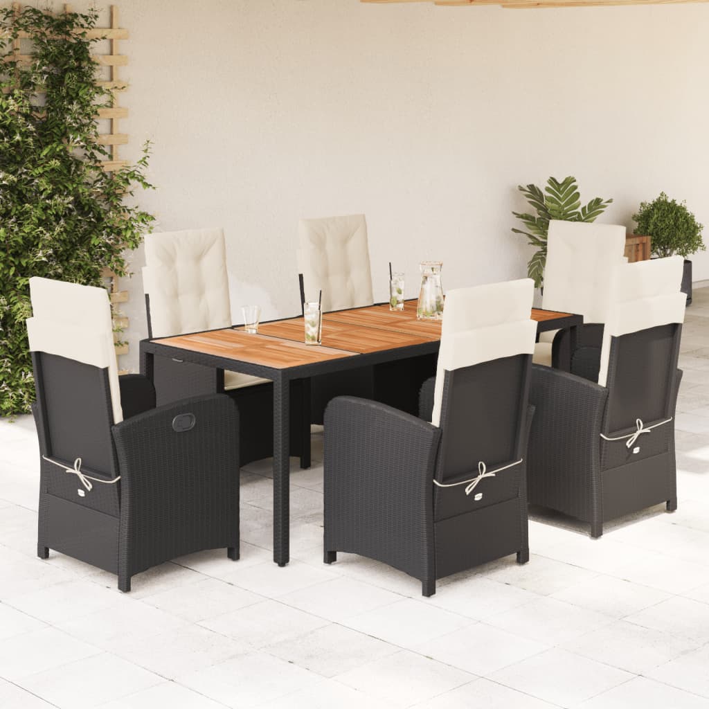 7-Delige Tuinset Met Kussens Poly Rattan Zwart En Crème 6 190 cm tafellengte