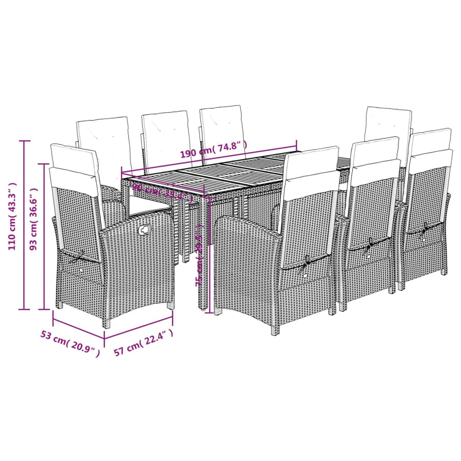 9-Delige Tuinset Met Kussens Poly Rattan Grijs