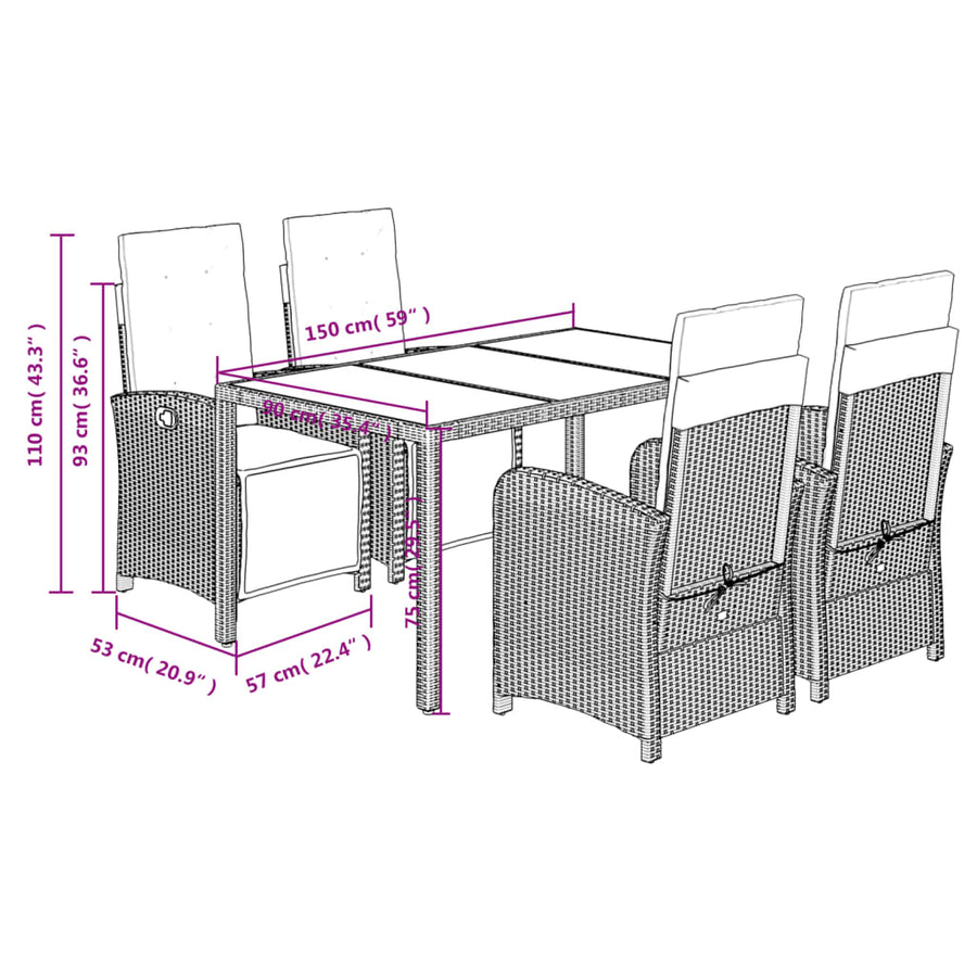 -Delige Tuinset Met Kussens Poly Rattan Zwart en crème 150 cm tafellengte 5