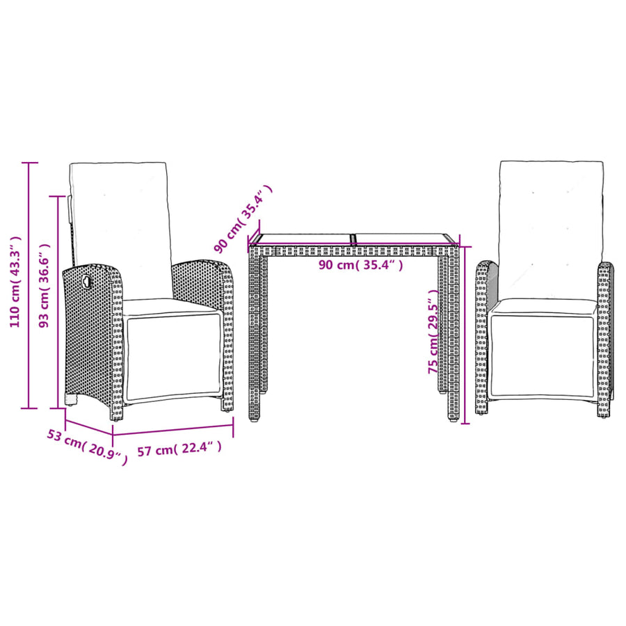 3-Delige Bistroset Met Kussens Poly Rattan 2 90 cm tafellengte Zwart