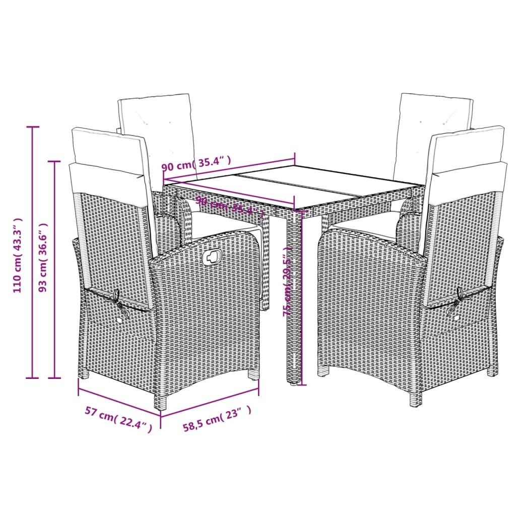 5-Delige Tuinset Met Kussens Poly Rattan 4 90 cm tafellengte Zwart