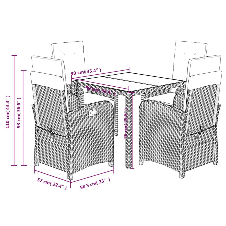 5-Delige Tuinset Met Kussens Poly Rattan 4 90 cm tafellengte Zwart
