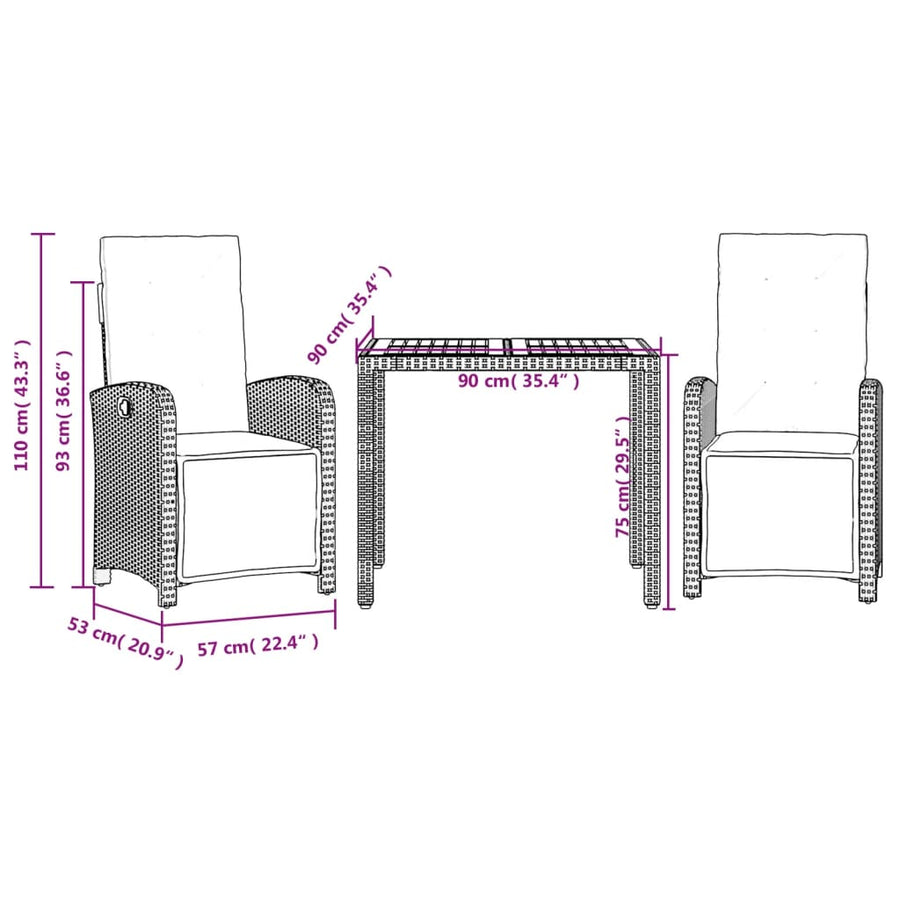 3-Delige Bistroset Met Kussens Poly Rattan Zwart