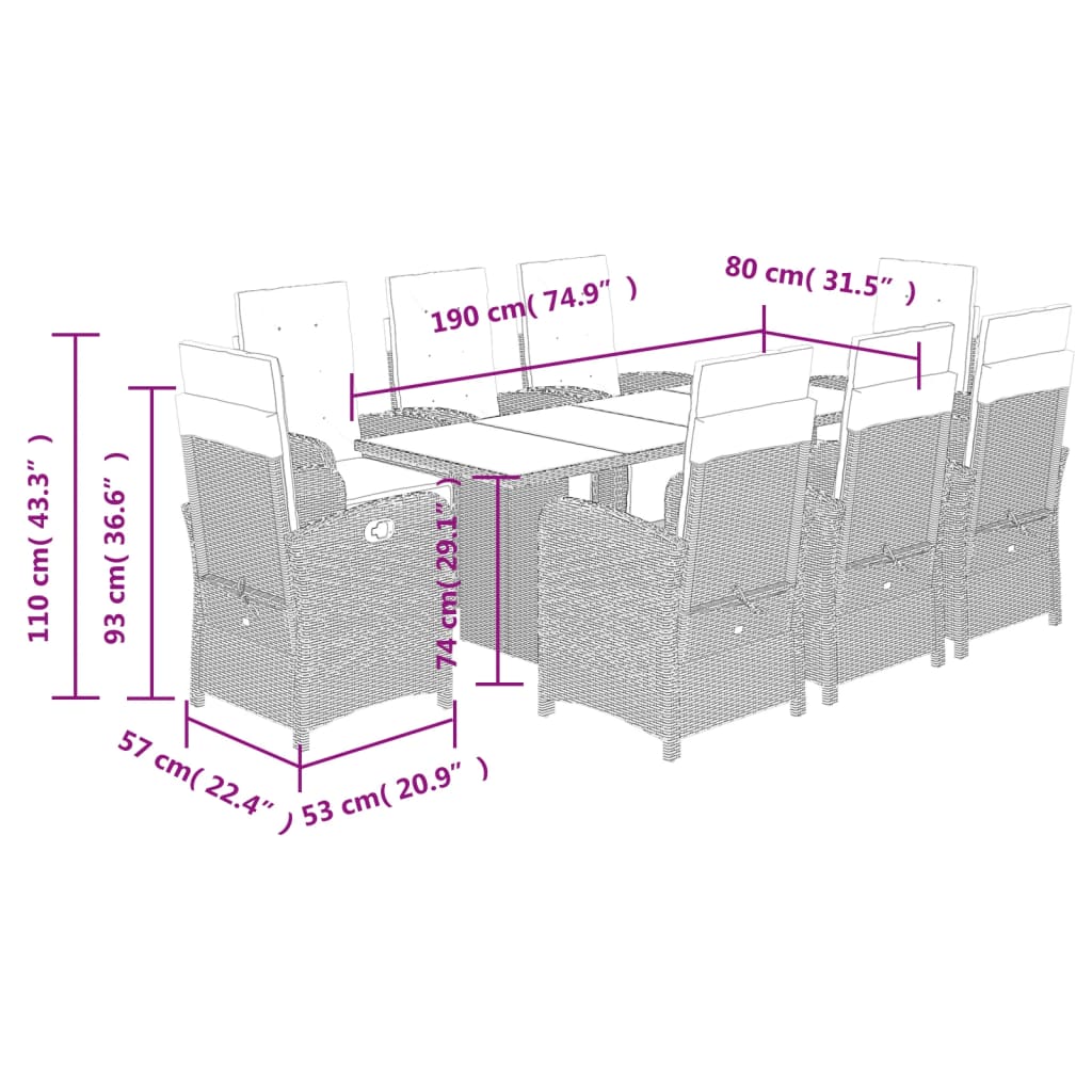 Tuinset poly rattan 9 Glas Zwart en crème