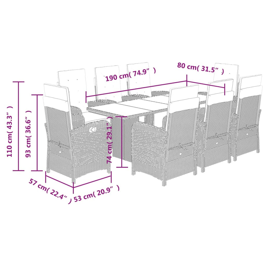 Tuinset poly rattan 9 Glas Zwart en crème
