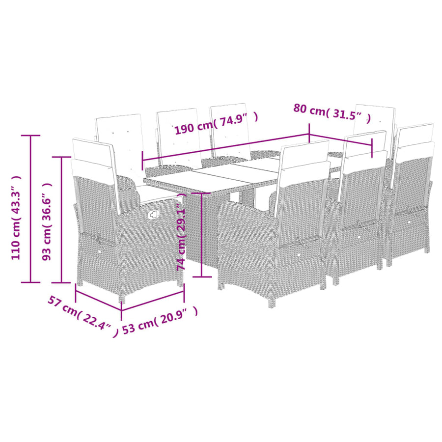 Tuinset poly rattan 9 Glas Zwart